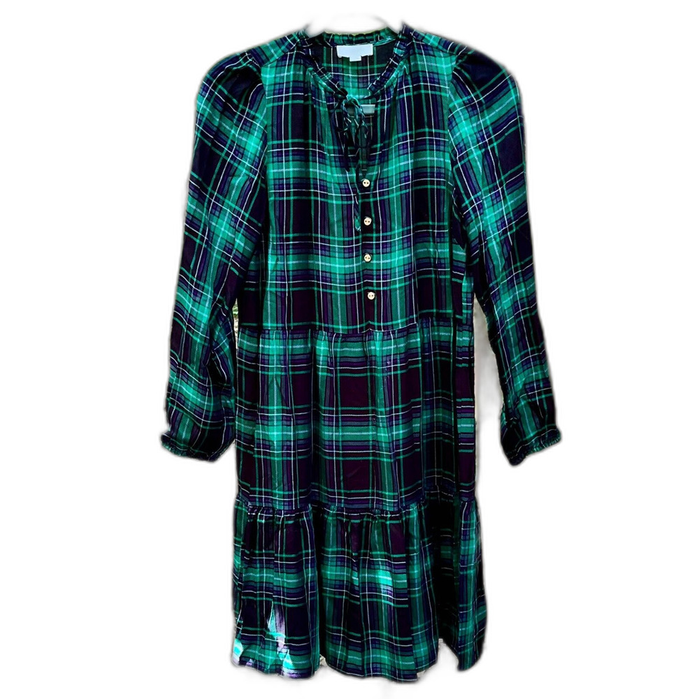 LOFT Tartan Plaid Puff Sleeve Tiered Dress Womens XS Green Blue Modern Grunge - Picture 2 of 12